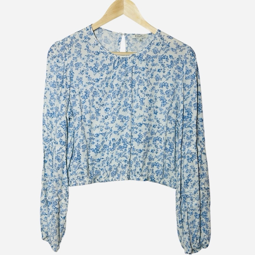 Z Supply Nylah Tropez Cottagecore Light Blue White Cropped Floral Top Size L - Picture 4 of 15